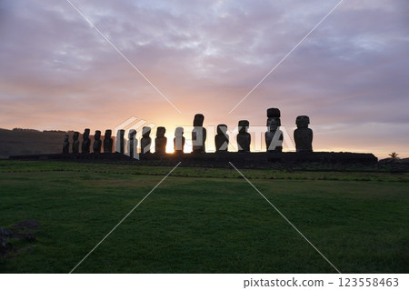 Moai of Ahu Tongariki on Easter Island at sunrise Moai of Ahu Tongariki on Easter Island at sunrise 123558463
