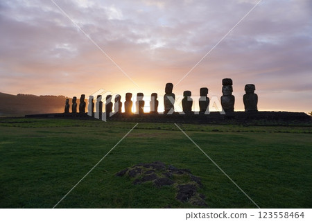 Moai of Ahu Tongariki on Easter Island at sunrise Moai of Ahu Tongariki on Easter Island at sunrise 123558464