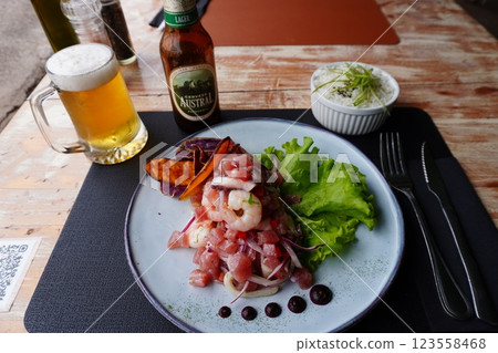 Easter Island lunch, ceviche and beer Easter Island lunch, ceviche and beer 123558468