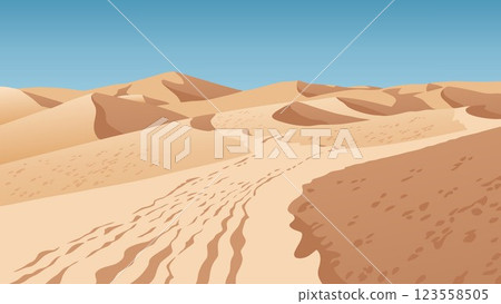 Flat graphic vector illustration of abstract desolate desert landscape with sandy dunes under clear blue sky. Simple decorative cartoon concept of nature scenery. Flat graphic vector illustration of abstract desolate desert landscape with sandy dunes under clear blue sky. Simple decorative cartoon concept of nature scenery. 123558505