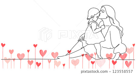 Simple line drawing illustration of a mother kissing her child and a heart flower Mother's Day 123558557
