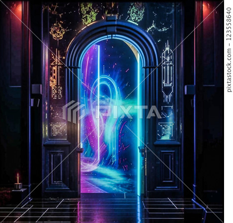 Doors to the unknown. Before the open doors to the unknown. AI generated. 123558640