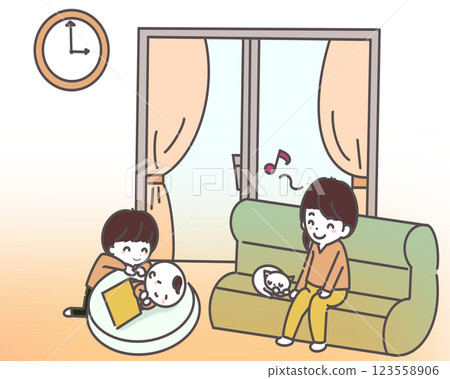 Illustration of parents and children relaxing in a room 123558906