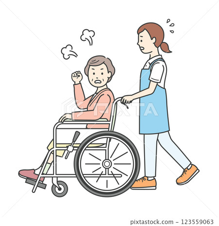 Full-body illustration of an angry elderly woman sitting in a wheelchair and a female caregiver providing assistance 123559063