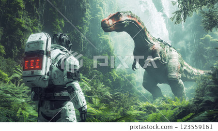 Futuristic astronaut encounters giant dinosaur in dense jungle setting 123559161