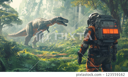 Futuristic explorer confronts roaring dinosaur in lush prehistoric jungle 123559162