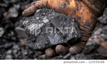 Close-up of rough black coal rock in worker s hand wearing glove in industrial setting Close-up of rough black coal rock in worker s hand wearing glove in industrial setting 123559166