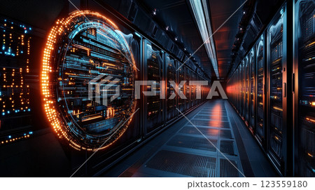 Futuristic data center server room with glowing digital interface and advanced technology 123559180