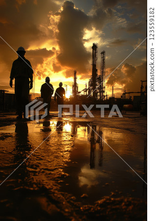 Industrial workers at oil refinery during sunset with dramatic skies and reflective puddles on wet ground 123559182