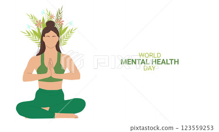 Mental health awareness month design layout banner. Self care practices meditation. Psychological and emotional well-being. Vector illustration. Mental health awareness month design layout banner. Self care practices meditation. Psychological and emotional well-being. Vector illustration. 123559253