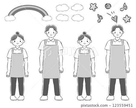 穿著圍裙的微笑男女的手繪插圖集(帶裝飾部分) 穿著圍裙的微笑男女的手繪插圖集(帶裝飾部分) 123559451