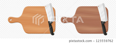 Wooden Cutting Board with Meat Cleaver, Vector Illustration. Kitchen Chopping Board for Food Preparation. Butcher Knife for Meat Cutting. Kitchenware for Cooking, Culinary Tool for Restaurants 123559762