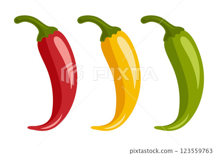 Chili Peppers Vector Set, Isolated. Red, Yellow, Green Hot Peppers, Spicy Food Ingredients, Mexican Cuisine, Fresh Organic Vegetables. Vector Illustration for Food Design 123559763