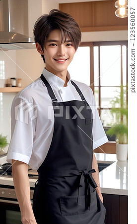 一個穿著圍裙的帥氣男人站在寬敞的廚房裡,清晨的陽光灑進來。 一個穿著圍裙的帥氣男人站在寬敞的廚房裡,清晨的陽光灑進來。 123560057