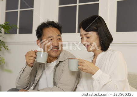成熟的夫婦晚上在客廳聊天 123560323