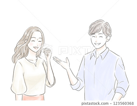 男人和女人愉快地交談，面帶微笑 123560368