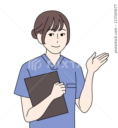 一名身穿藍色工作服的護士正在指揮 一名身穿藍色工作服的護士正在指揮 123560677