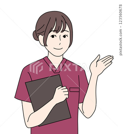 A nurse wearing maroon scrubs giving directions 123560678