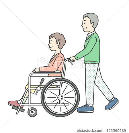 Illustration of an elderly woman in a wheelchair and an elderly man assisting her 123560689