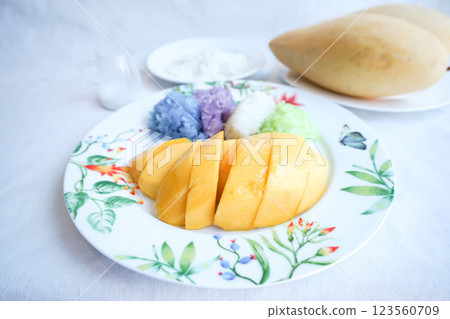 Thai sweets "Khao Niao Mamuang (Sticky Rice with Mango)" and ingredients Thai sweets "Khao Niao Mamuang (Sticky Rice with Mango)" and ingredients 123560709