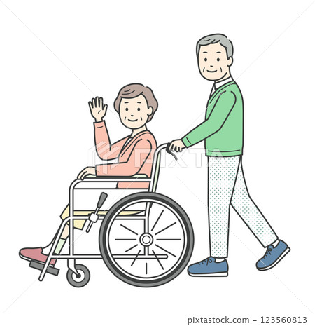 一位坐在輪椅上的老年婦女和一位幫助她的老年男子的插圖 123560813