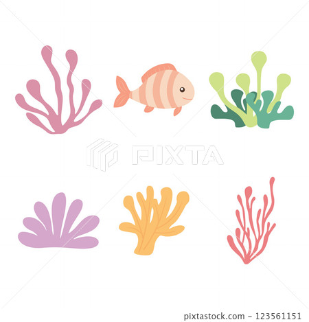 Sea Ocean Marine Life Elements Set of Fish Seaweed Natural Decoration Sea Ocean Marine Life Elements Set of Fish Seaweed Natural Decoration 123561151
