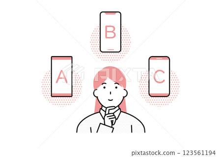 一位年輕女子正在猶豫要買哪款智慧型手機的插圖 123561194