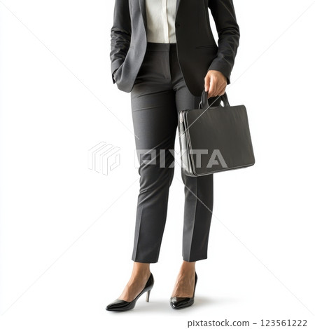 Businesswoman in Blazer Holding Laptop Bag in Professional Setting Businesswoman in Blazer Holding Laptop Bag in Professional Setting 123561222