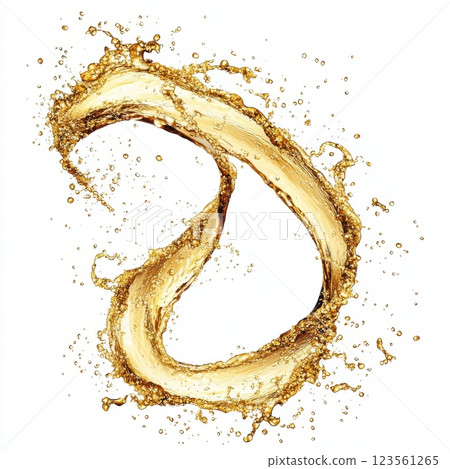 Golden Liquid Splash with Droplets Captured in Motion 123561265