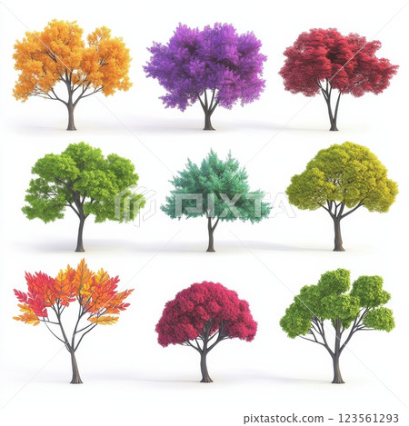 Vibrant Cartoon Trees with Distinct Leaf Shapes in Various Colors 123561293