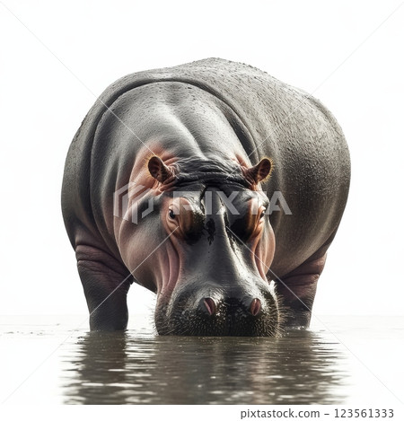 Hippopotamus Emerges from Water, Showcasing Its Massive Form 123561333