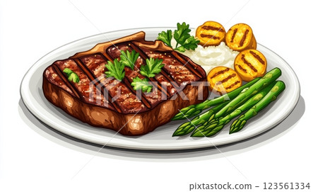 Juicy Bone-in Steak with Grilled Asparagus and Garlic Mashed Potatoes 123561334