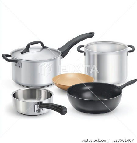 Variety of Cooking Pots and Pans Isolated on White Background 123561407