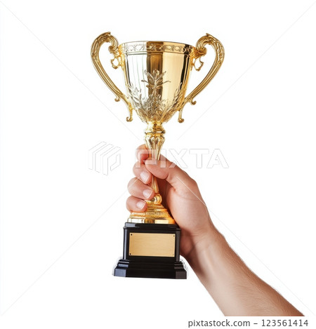 Elegant Hand Holding a Golden Trophy Against a White Background 123561414