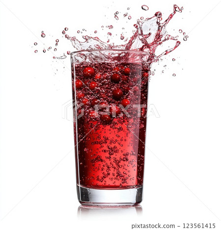 Glass of Cranberry Juice Overflows with Bubbles and Splashes 123561415