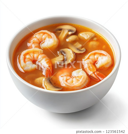 Hot Sour Soup with Shrimp and Mushrooms in a White Bowl 123561542