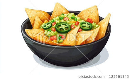 Bowl of Nachos with Melted Cheese and Sliced Jalapenos 123561543