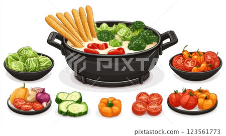 Delicious Pot of Fondue with Dipping Breadsticks and Assorted Veggies 123561773
