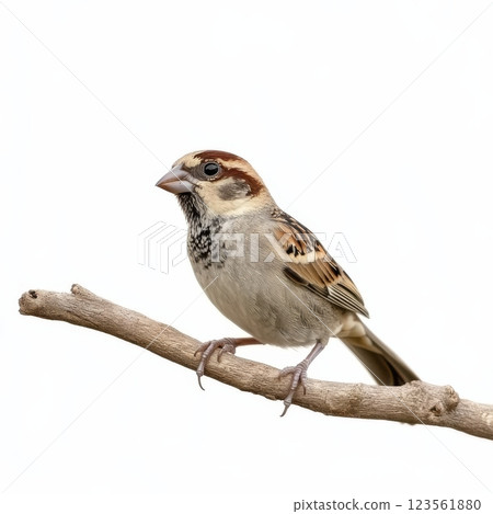 Small Sparrow Sitting on a Branch Isolated Against a White Background 123561880