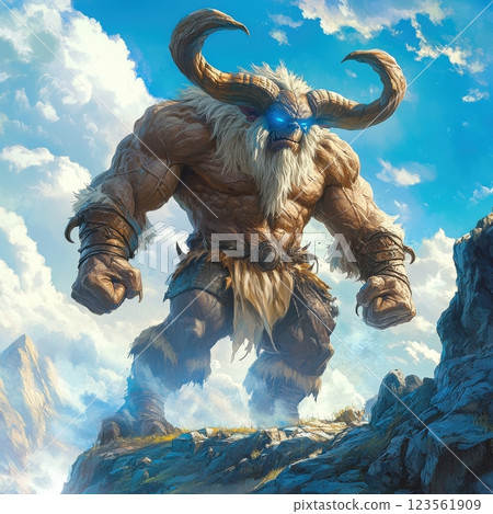 Giant Cartoon Monster with Muscular Build and Long Horns 123561909