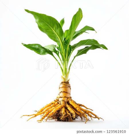 Fresh Turmeric Plant with Broad Green Leaves and Vibrant Roots 123561910