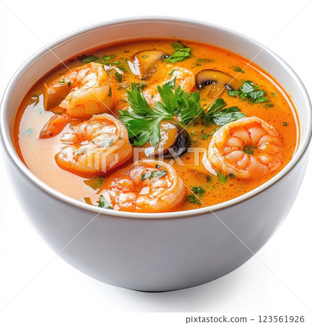 Hot and Sour Tom Yum Soup with Shrimp in a White Bowl 123561926