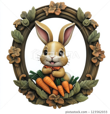 Cheerful Cartoon Rabbit in Decorative Floral Frame with Carrots 123562033