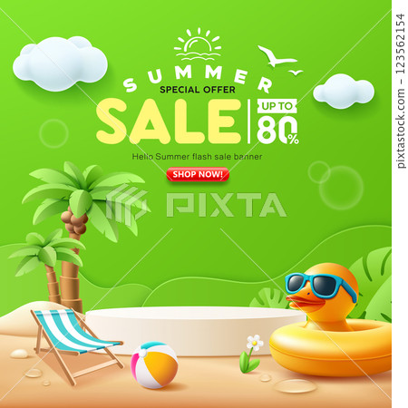 Summer sale podium, Duck yellow shaped inflatable ring, coconut tree, beach bed, poster design 123562154