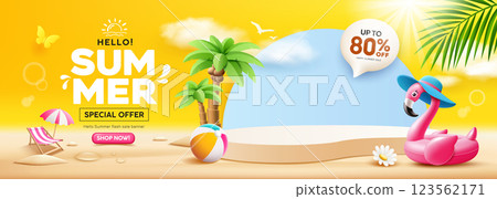 Summer sale podium, Pink flamingo inflatable swimming pool, coconut trees, beach umbrella, banner design 123562171