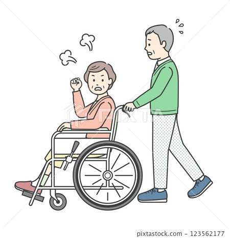 一位老人協助一位坐在輪椅上的老年婦女並生氣的插圖 123562177
