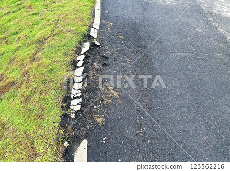 Damages road surfaces and ruts after rainy season. 123562216