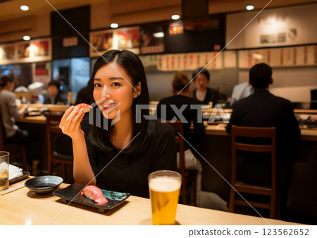 一名婦女吃壽司 123562652