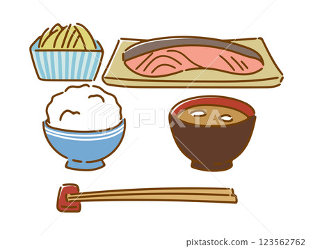 日本料理鮭魚片烤魚套餐圖像插圖(彩色) 日本料理鮭魚片烤魚套餐圖像插圖(彩色) 123562762