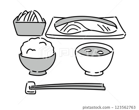Japanese food salmon fillet grilled fish set meal image illustration (grayscale) 123562763